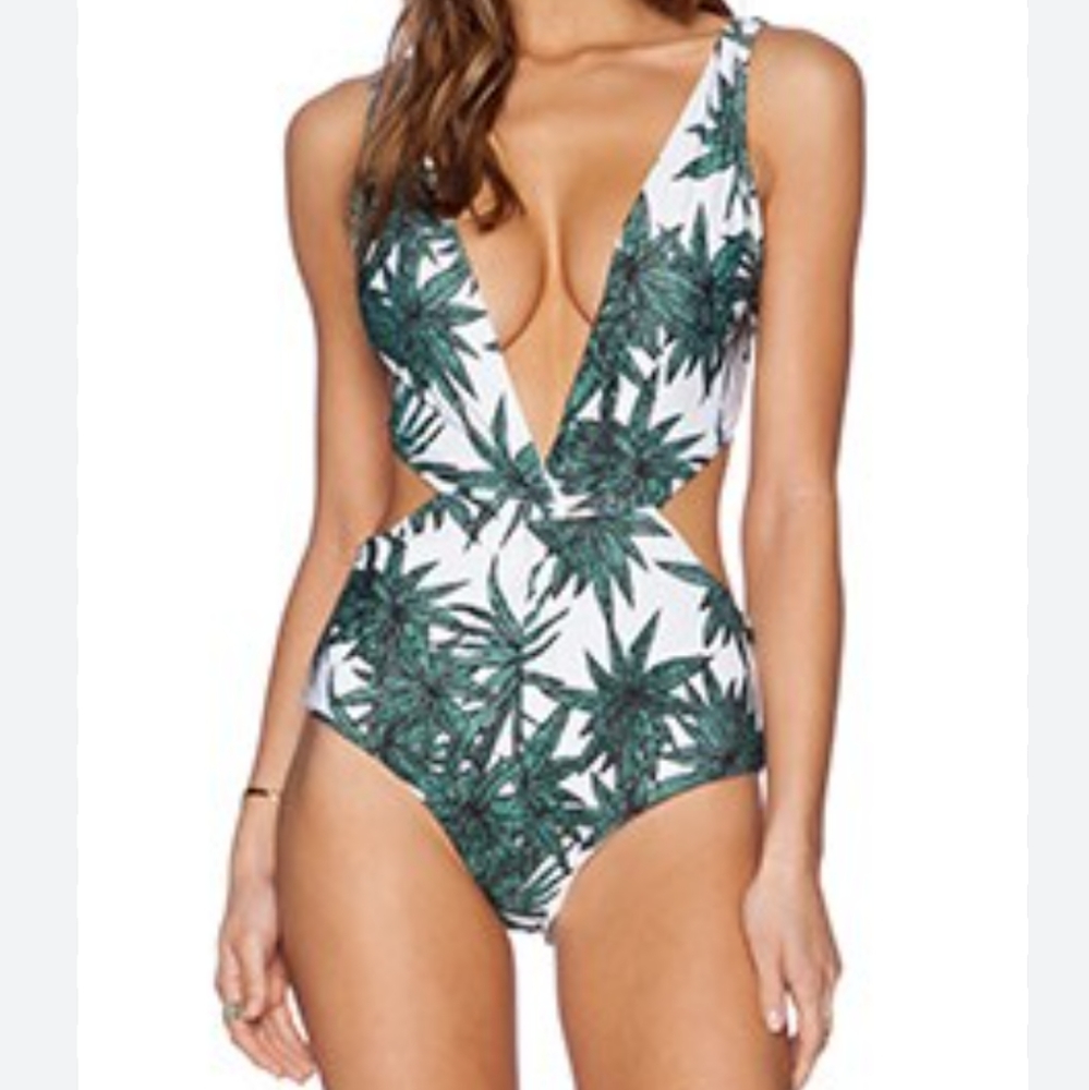 Front Twist Palm Green Leaf One Piece V Plunge Swimsuit Size Medium